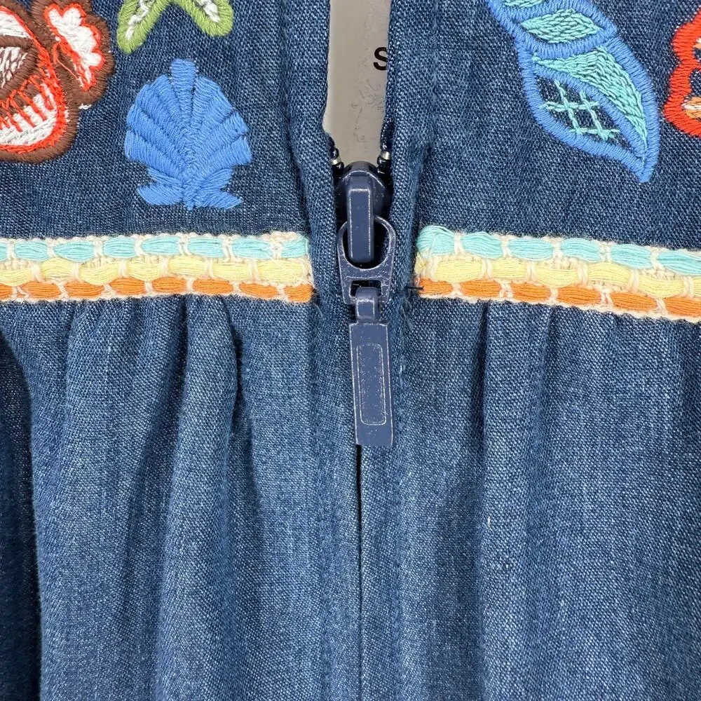 Go Softly Denim Embroidered Turtle Shell Patio Dress Sz XL Sea Life Full Zip - Picture 5 of 10